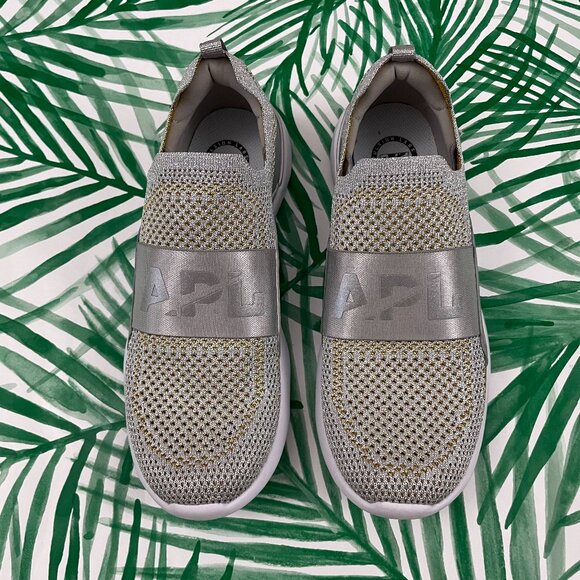 APL Techloom Bliss Silver Gold Metallic Knit Slip On Sneakers Size 9.5 - Picture 1 of 7